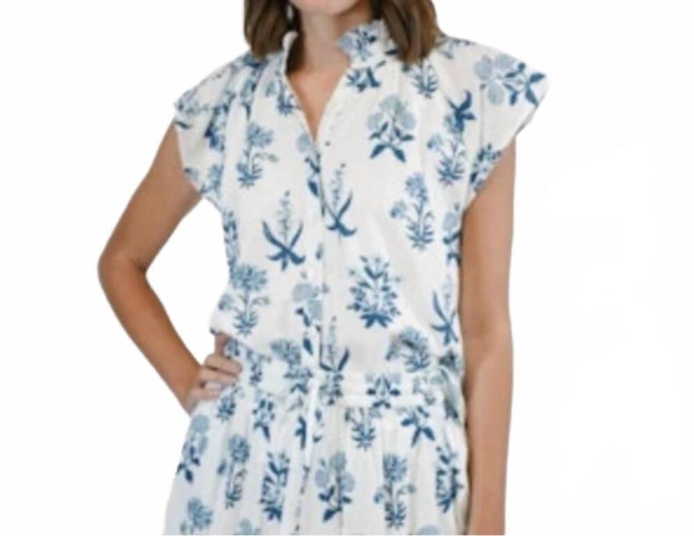 NEW VICTORIA DUNN bays short sleeve blouse in indigo meadow